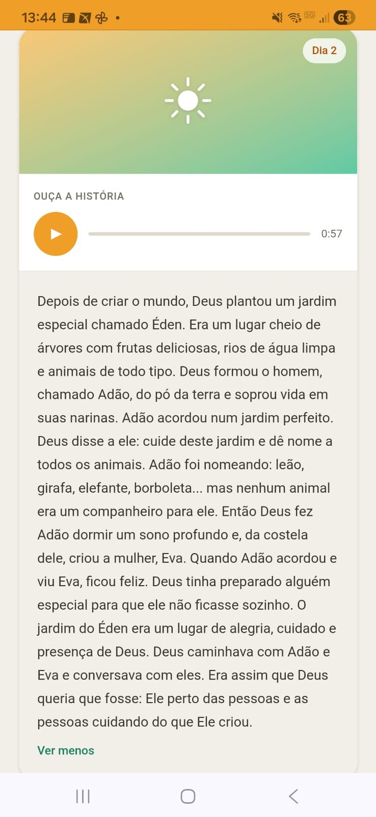Tela de história narrada em áudio